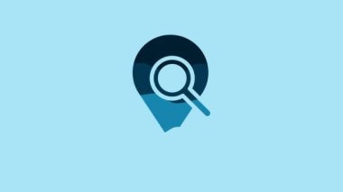 Blue Search location icon isolated on blue background. Magnifying glass with pointer sign. 4K Video motion graphic animation .