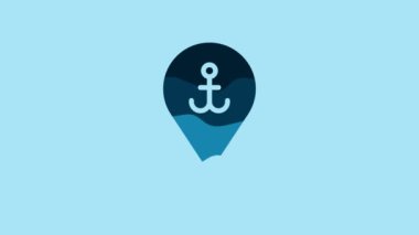 Blue Map pointer with anchor icon isolated on blue background. 4K Video motion graphic animation .