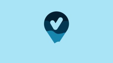 Blue Map pin with check mark icon isolated on blue background. Navigation, pointer, location, map, gps, direction, place, compass, search concept. 4K Video motion graphic animation .