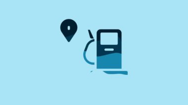 Blue Location and petrol or gas station icon isolated on blue background. Car fuel symbol. Gasoline pump. 4K Video motion graphic animation .