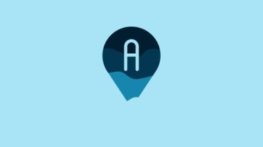 Blue Map pin icon isolated on blue background. Navigation, pointer, location, map, gps, direction, place, compass, search concept. 4K Video motion graphic animation .