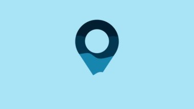 Blue Map pin icon isolated on blue background. Navigation, pointer, location, map, gps, direction, place, compass, search concept. 4K Video motion graphic animation .