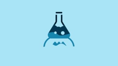 Blue Glass test tube flask on fire heater experiment icon isolated on blue background. Laboratory equipment. 4K Video motion graphic animation .