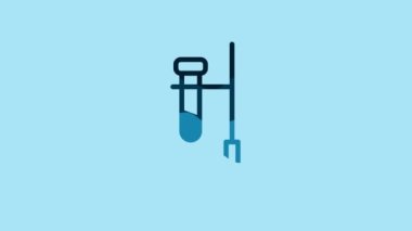 Blue Glass test tube flask on fire heater experiment icon isolated on blue background. Laboratory equipment. 4K Video motion graphic animation .