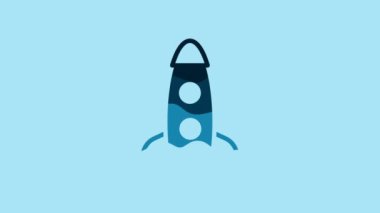 Blue Rocket ship icon isolated on blue background. Space travel. 4K Video motion graphic animation .