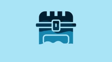 Blue Antique treasure chest icon isolated on blue background. Vintage wooden chest with golden coin. 4K Video motion graphic animation .