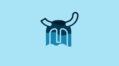 Blue Viking in horned helmet icon isolated on blue background. 4K Video motion graphic animation .