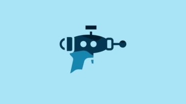 Blue Ray gun icon isolated on blue background. Laser weapon. Space blaster. 4K Video motion graphic animation .