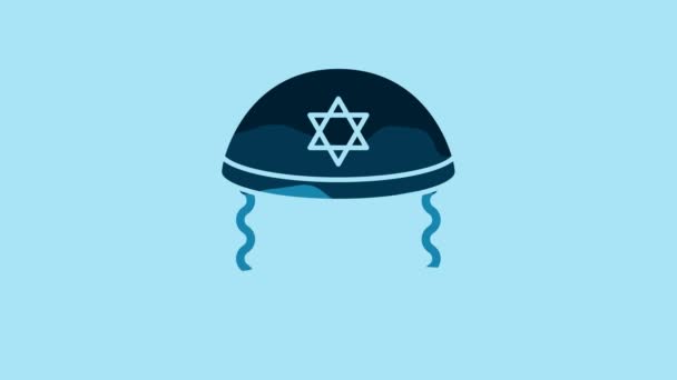 Blue Jewish Kippah Star David Sidelocks Icon Isolated Blue Background — Stok video