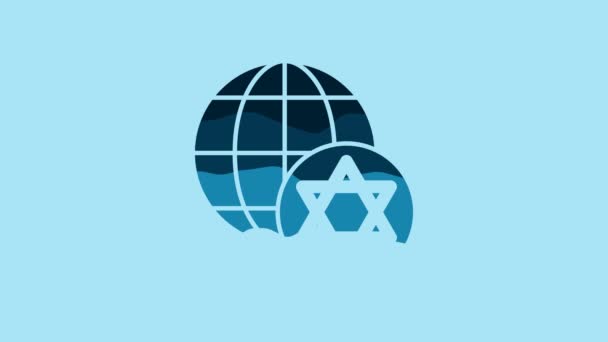 ブルーワールドグローブとイスラエルのアイコンはブルーの背景に隔離されています 4Kビデオモーショングラフィックアニメーション — ストック動画
