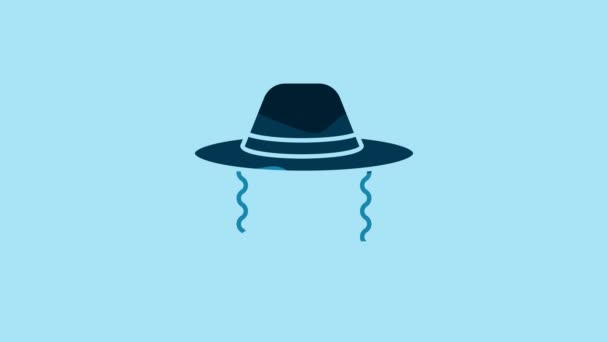 Голубая Орфографическая Шляпа Иконкой Синем Фоне Еврейские Мужчины Традиционной Одежде — стоковое видео