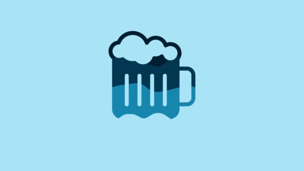 Blue Wooden Beer Mug Icon Isolated Blue Background Video Motion — Stockvideo