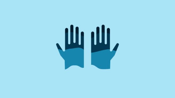 青色の背景に隔離された青い医療用ゴム手袋アイコン 保護ゴム手袋 4Kビデオモーショングラフィックアニメーション — ストック動画