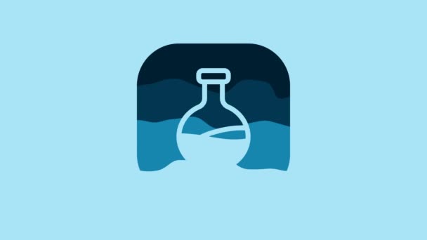 青色の背景に隔離された青色の試験管とフラスコ化学実験室のテストアイコン 研究室のガラス製品のサイン 4Kビデオモーショングラフィックアニメーション — ストック動画