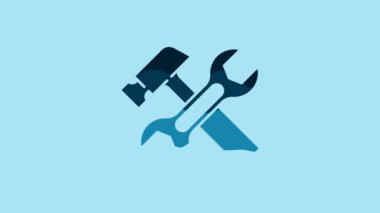 Blue Crossed hammer and wrench spanner icon isolated on blue background. Hardware tools. 4K Video motion graphic animation .