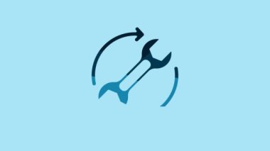 Blue Wrench spanner and arrows as workflow icon isolated on blue background. Adjusting, service, setting, maintenance, repair, fixing. 4K Video motion graphic animation .