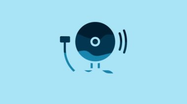 Blue Ringing alarm bell icon isolated on blue background. Fire alarm system. Service bell, handbell sign, notification symbol. 4K Video motion graphic animation .