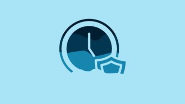 Blue Clock with shield icon isolated on blue background. Security, safety, protection, privacy concept. 4K Video motion graphic animation .