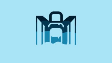 Blue Hiking backpack icon isolated on blue background. Camping and mountain exploring backpack. 4K Video motion graphic animation .
