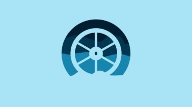 Blue Bicycle wheel icon isolated on blue background. Bike race. Extreme sport. Sport equipment. 4K Video motion graphic animation .