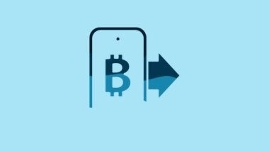 Blue Mining bitcoin from mobile icon isolated on blue background. Cryptocurrency mining, blockchain technology service. 4K Video motion graphic animation .