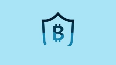 Blue Shield with bitcoin icon isolated on blue background. Cryptocurrency mining, blockchain technology, security, protect, digital money. 4K Video motion graphic animation .