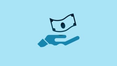 Blue Hand holding money icon isolated on blue background. Dollar or USD symbol. Cash Banking currency sign. 4K Video motion graphic animation .