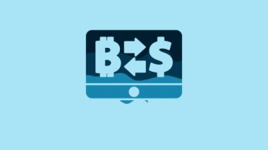 Blue Cryptocurrency exchange icon isolated on blue background. Bitcoin to dollar exchange icon. Cryptocurrency technology, mobile banking. 4K Video motion graphic animation .