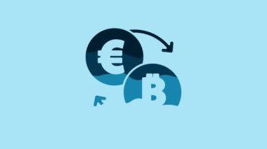 Blue Cryptocurrency exchange icon isolated on blue background. Bitcoin to euro exchange icon. Cryptocurrency technology, mobile banking. 4K Video motion graphic animation .