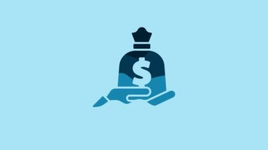 Blue Hand holding money bag icon isolated on blue background. Dollar or USD symbol. Cash Banking currency sign. 4K Video motion graphic animation .