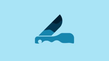Blue Swiss army knife icon isolated on blue background. Multi-tool, multipurpose penknife. Multifunctional tool. 4K Video motion graphic animation .
