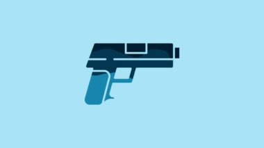 Blue Pistol or gun icon isolated on blue background. Police or military handgun. Small firearm. 4K Video motion graphic animation .