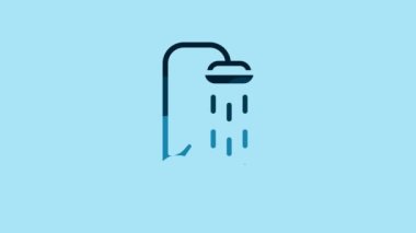 Blue Shower head with water drops flowing icon isolated on blue background. 4K Video motion graphic animation .