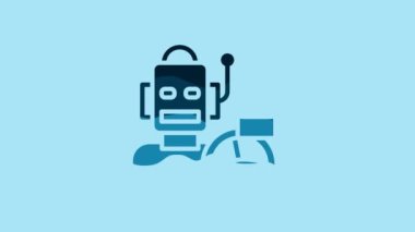 Blue Robot humanoid driving a car icon isolated on blue background. Artificial intelligence, machine learning, cloud computing. 4K Video motion graphic animation .