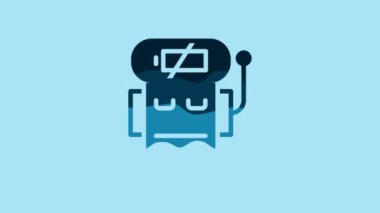 Blue Robot low battery charge icon isolated on blue background. Artificial intelligence, machine learning, cloud computing. 4K Video motion graphic animation .