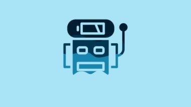 Blue Robot low battery charge icon isolated on blue background. Artificial intelligence, machine learning, cloud computing. 4K Video motion graphic animation .