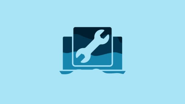 蓝色笔记本电脑与扳手图标隔离在蓝色背景 4K视频运动图形动画 — 图库视频影像