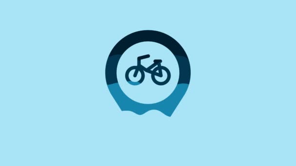Blue Map Pointer Bicycle Icon Isolated Blue Background Video Motion — Wideo stockowe