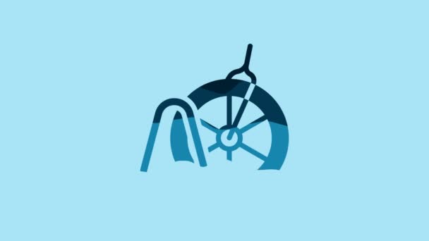 青色の背景に隔離された青い自転車駐車アイコン 4Kビデオモーショングラフィックアニメーション — ストック動画