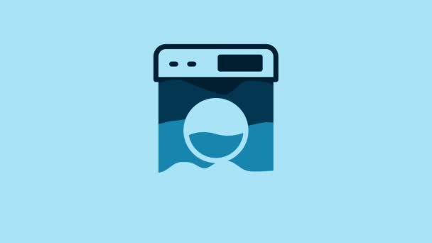 青の背景に隔離された青のワッシャーアイコン 洗濯機のアイコン 洗濯機 洗濯機 家電製品のシンボル 4Kビデオモーショングラフィックアニメーション — ストック動画