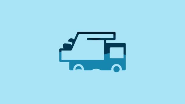 Blue Garbage Truck Icon Isolated Blue Background Video Motion Graphic — Stockvideo