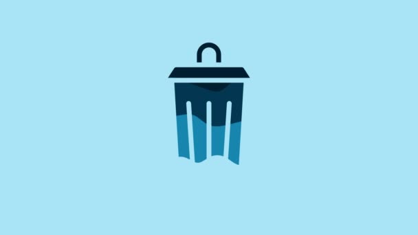 青のゴミ箱アイコンは青の背景に隔離できます ゴミのゴミ箱の看板 リサイクルバスケットのアイコン オフィスのゴミアイコン 4Kビデオモーショングラフィックアニメーション — ストック動画