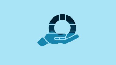 Blue Lifebuoy in hand icon isolated on blue background. Lifebelt symbol. 4K Video motion graphic animation .