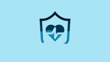 Blue Life insurance with shield icon isolated on blue background. Security, safety, protection, protect concept. 4K Video motion graphic animation .