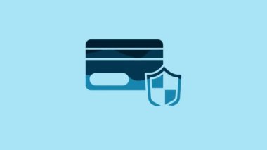 Blue Credit card with shield icon isolated on blue background. Online payment. Cash withdrawal. Financial operations. Shopping sign. 4K Video motion graphic animation .