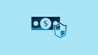 Blue Money with shield icon isolated on blue background. Insurance concept. Security, safety, protection, protect concept. 4K Video motion graphic animation .