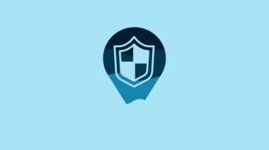 Blue Location shield icon isolated on blue background. Insurance concept. Guard sign. Security, safety, protection, privacy concept. 4K Video motion graphic animation .