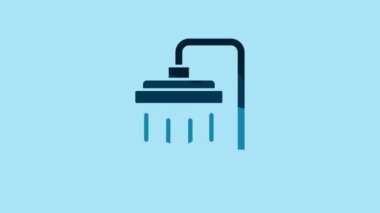 Blue Shower head with water drops flowing icon isolated on blue background. 4K Video motion graphic animation .