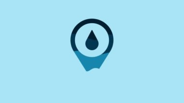Blue Water drop with location icon isolated on blue background. 4K Video motion graphic animation .