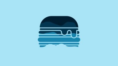 Blue Burger icon isolated on blue background. Hamburger icon. Cheeseburger sandwich sign. Fast food menu. 4K Video motion graphic animation .